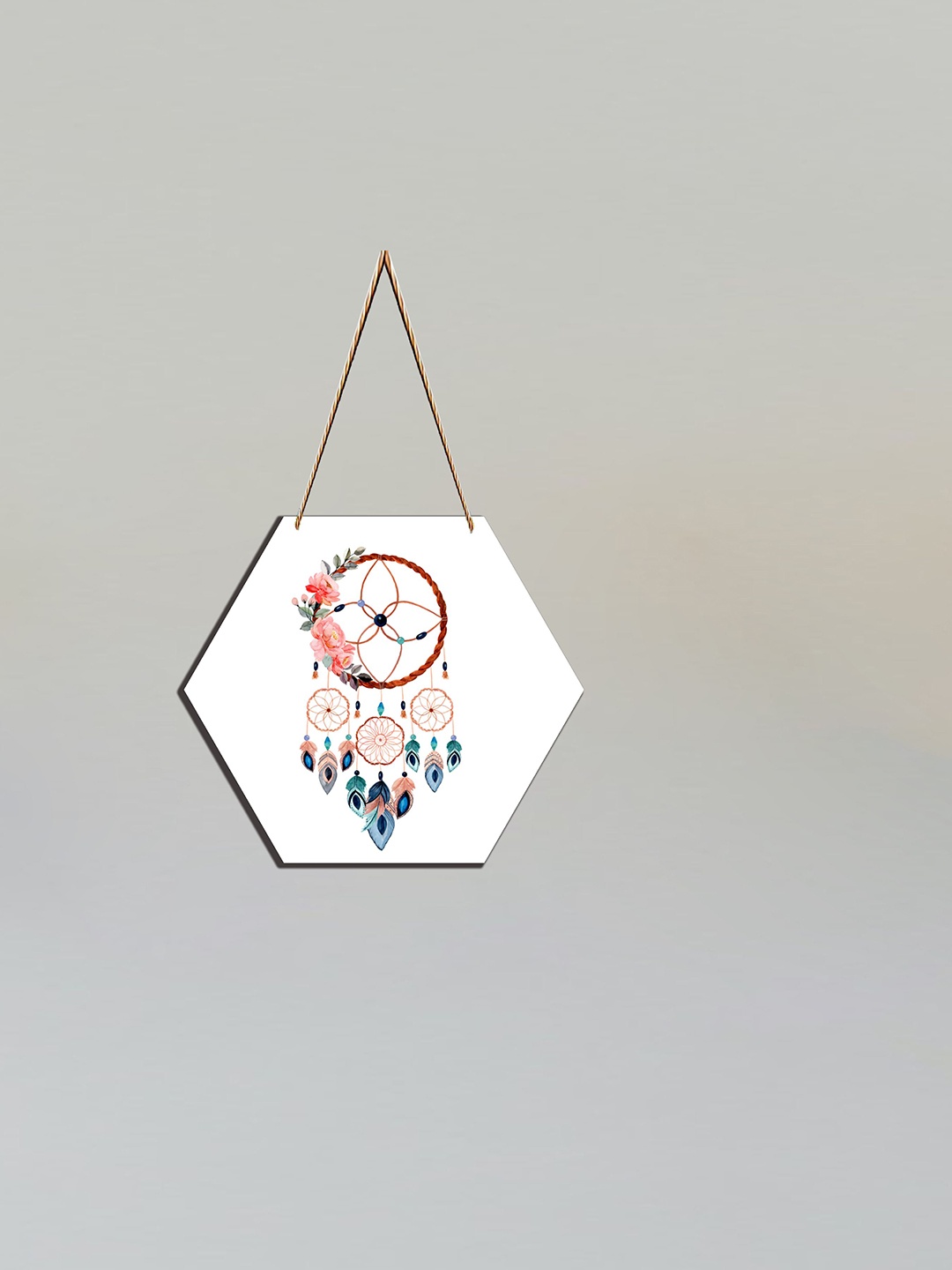 SAF White & Brown Dream Catcher Printed UV Textured Hexagon Wooden Wall Hanging