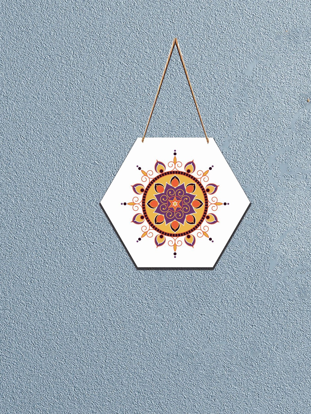 

SAF White & Yellow Mandala Printed Hexagon Wooden Wall Hanging