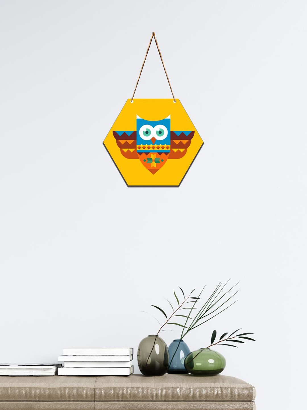 

SAF Yellow & Blue Owl Printed Hexagon Wooden Wall Hanging