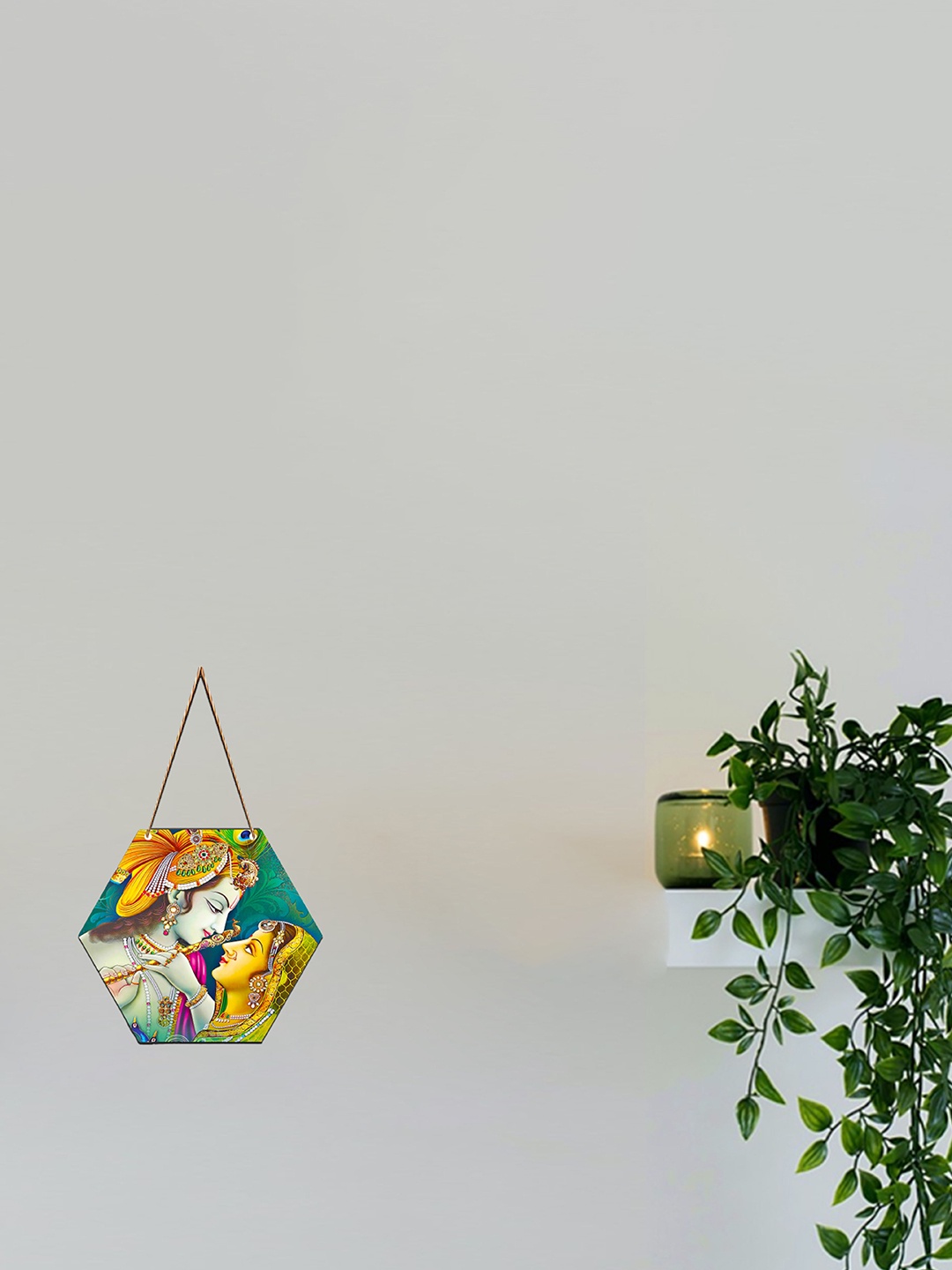 

SAF Yellow & Green Radha Krishna Printed Hexagon Wall Hanging