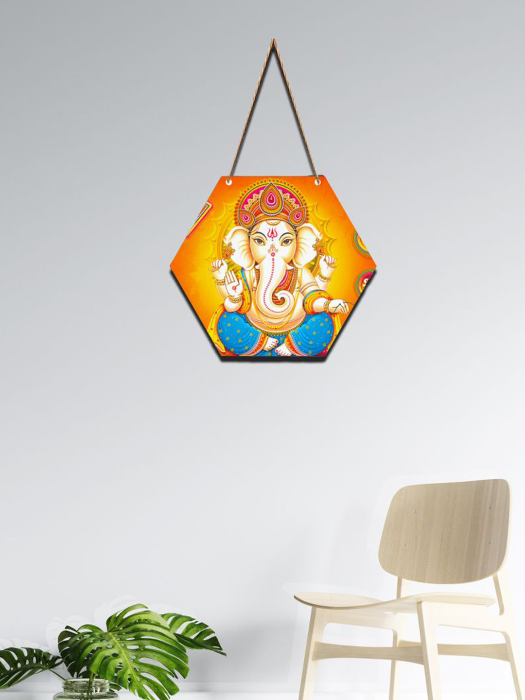 

SAF Yellow Lord Ganesha Printed Hexagon Wall Hanging