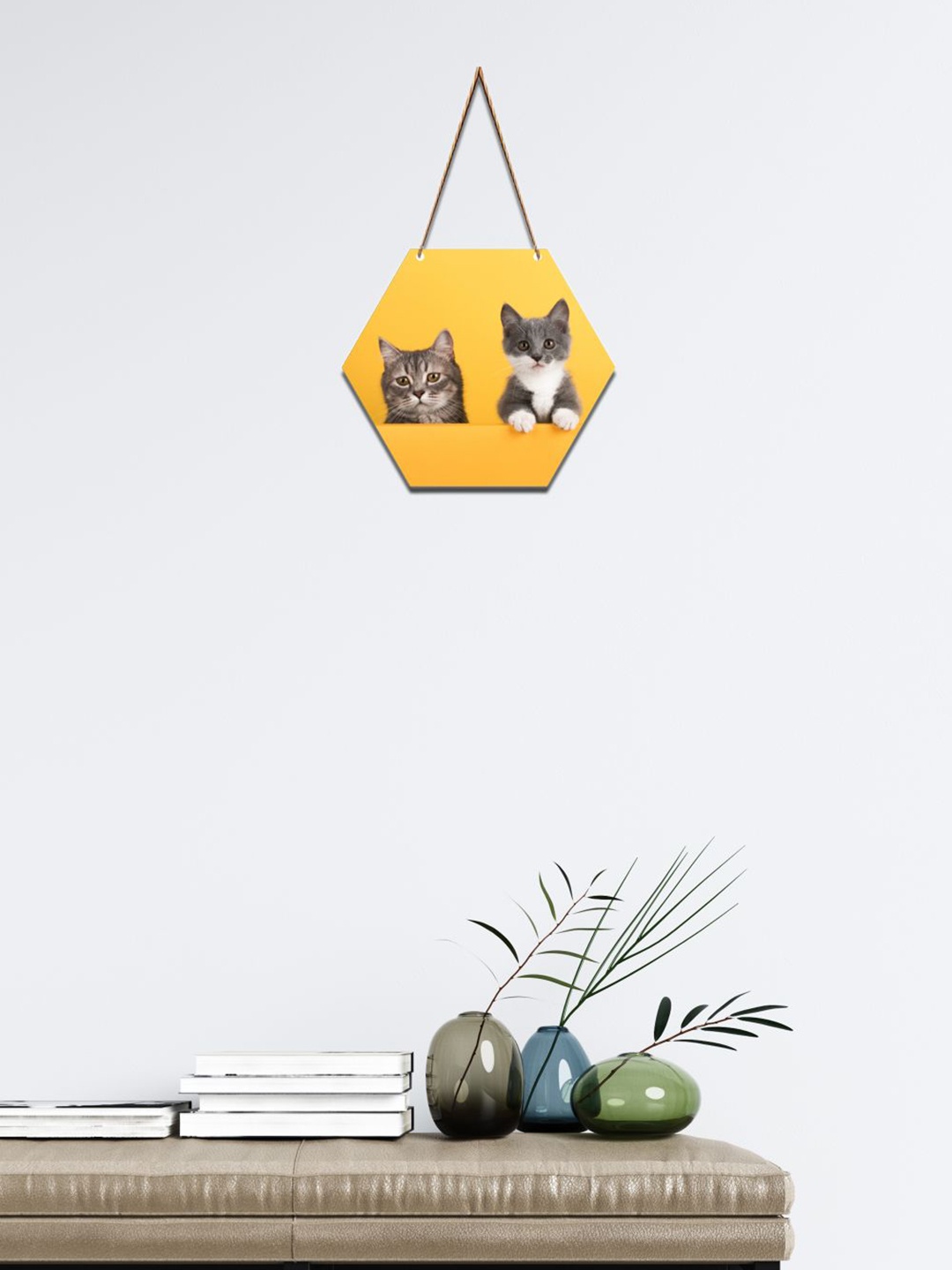 SAF Yellow Cute Cats Printed Hexagon Wall Hanging