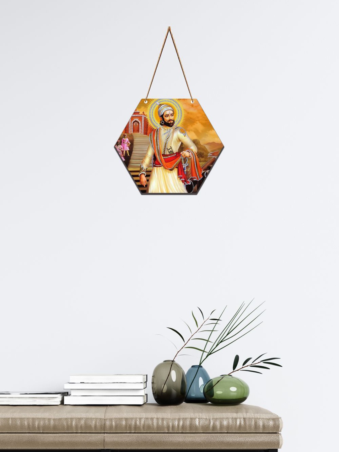 

SAF Orange Shivaji Maharaj Printed Hexagon Wall Hanging