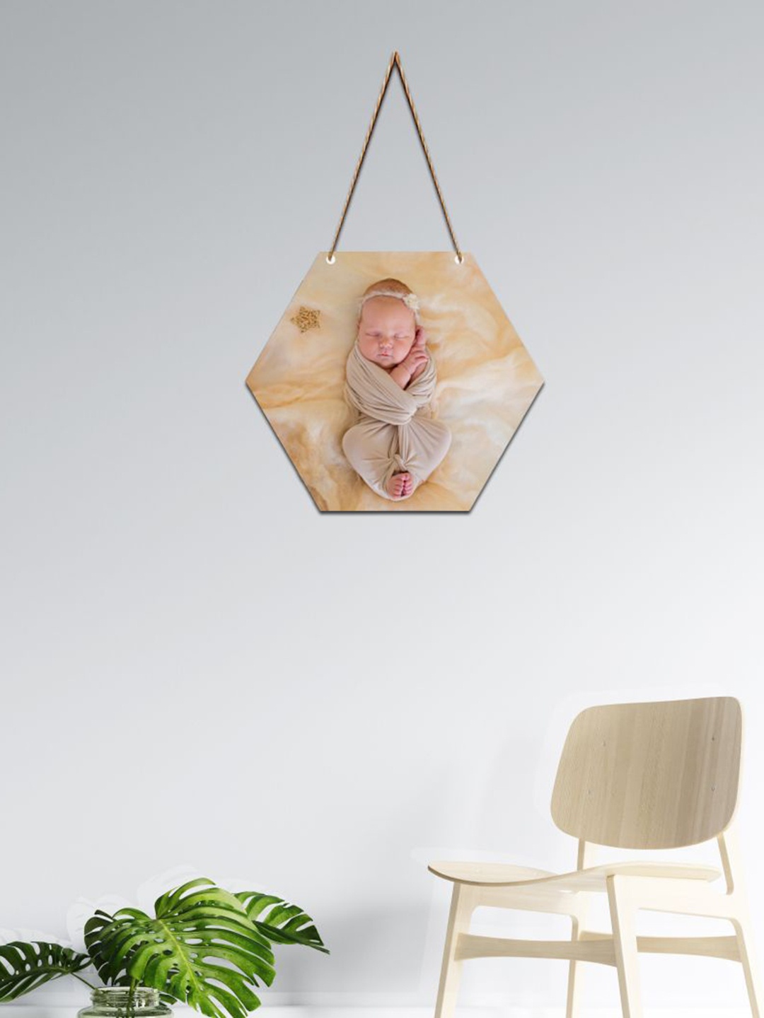 

SAF White New Born Baby Printed Hexagon Wall Hanging, Cream