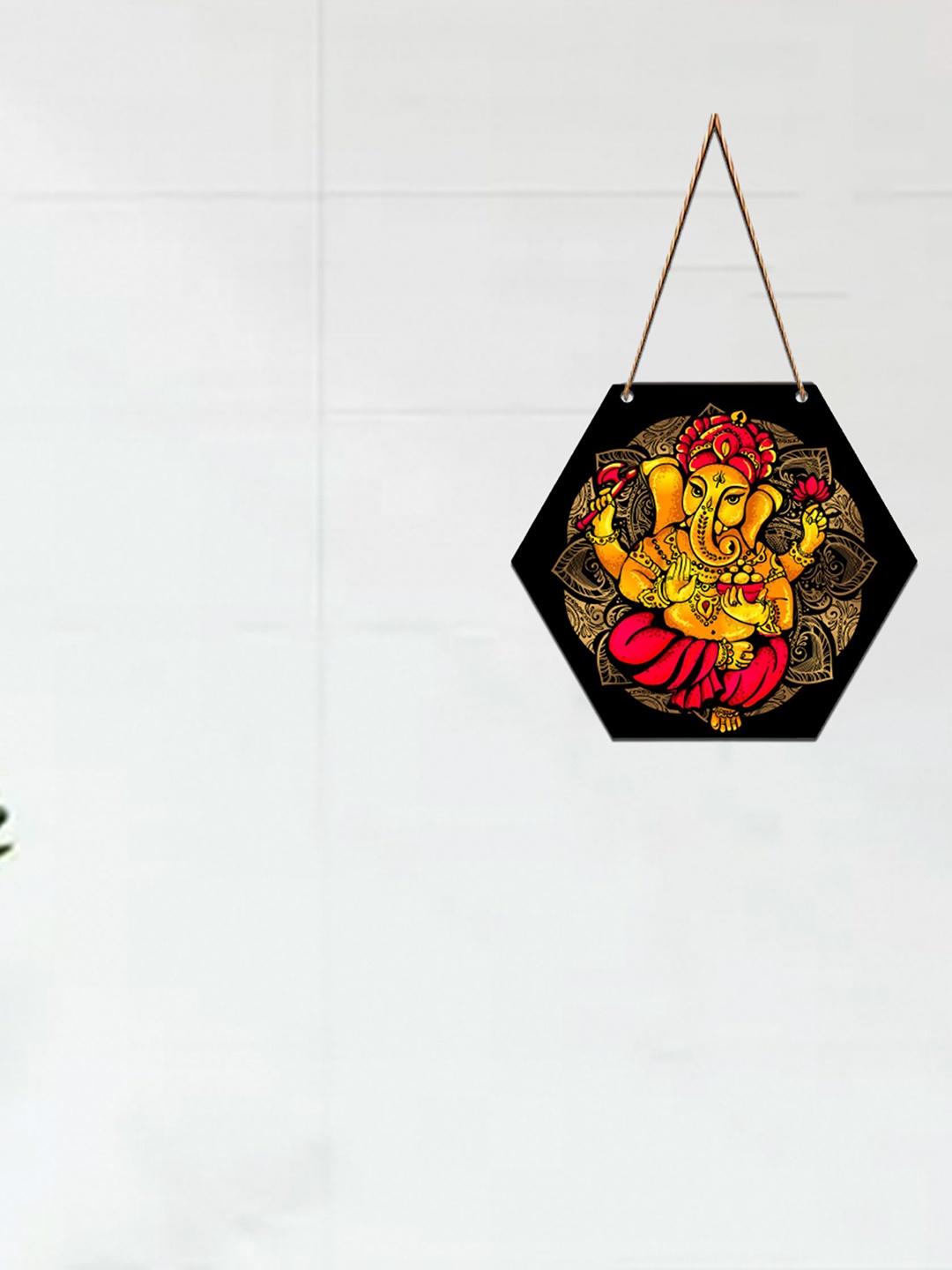 SAF Yellow Lord Ganesha Printed Hexagon Wall Hanging, Multi