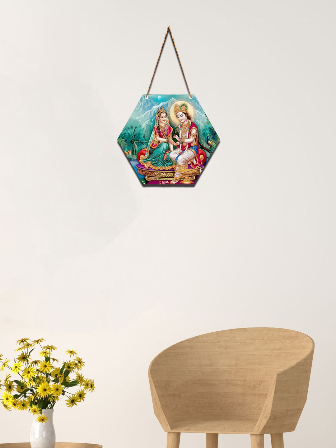 SAF Blue Radha Krishna Printed Hexagon Wall Hanging
