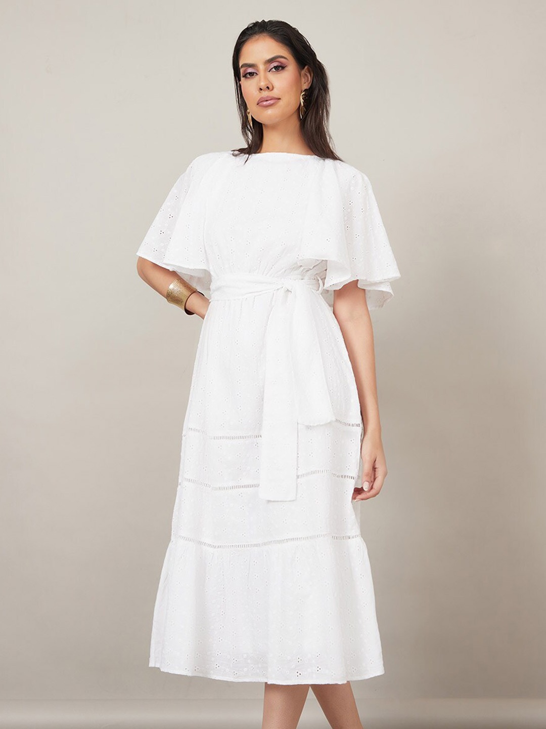 

Styli Flared Sleeve Schiffli Pure Cotton Fit & Flare Midi Dress, White