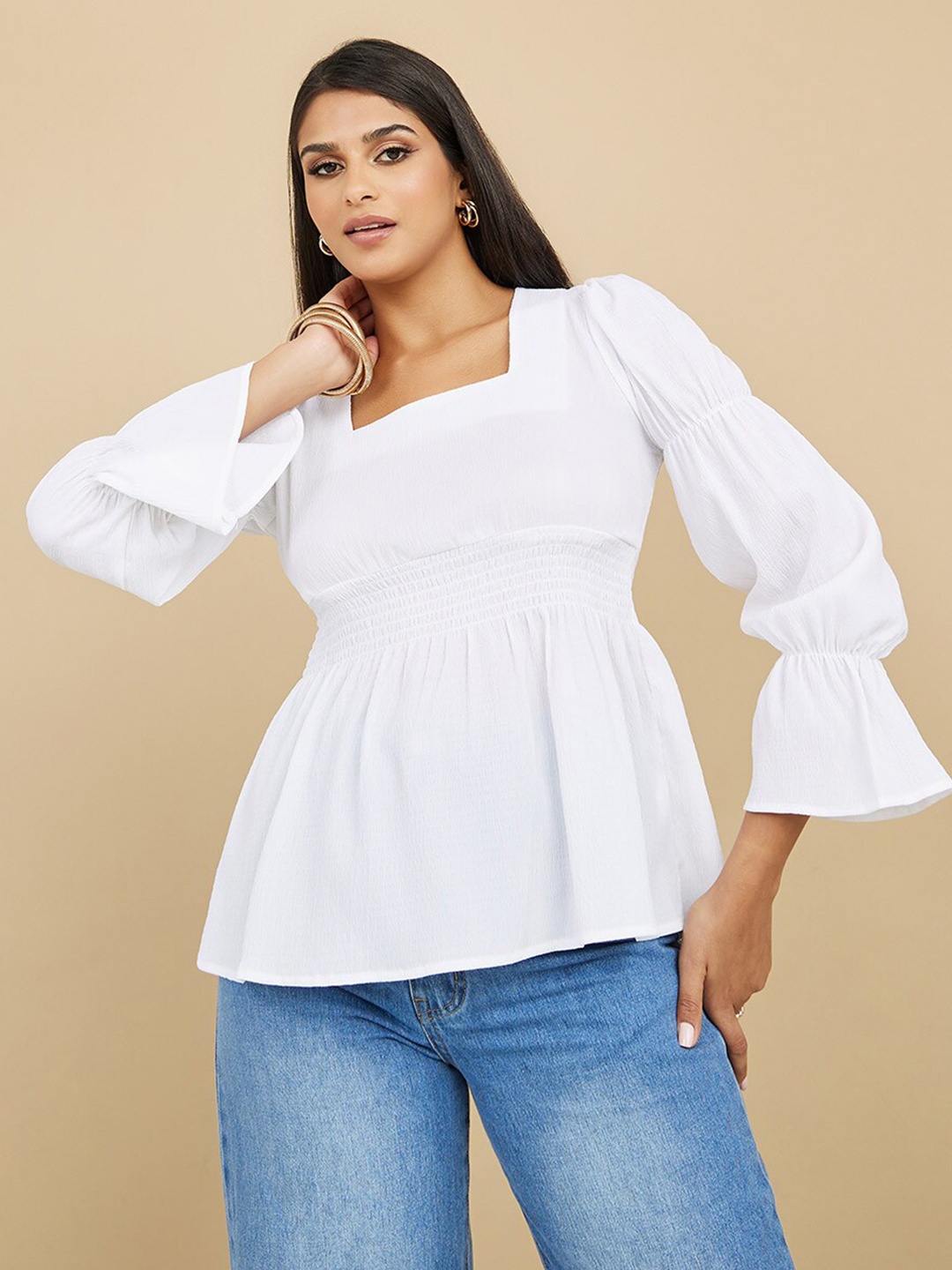 

Styli Square Neck Bell Sleeve Smocked Top, White