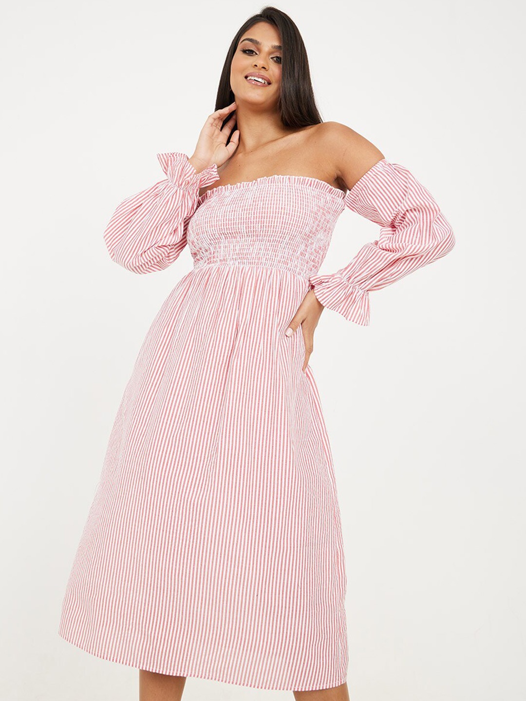 

Styli Striped Off-Shoulder Puff Sleeve Smocked Fit & Flare Midi Dress, Pink