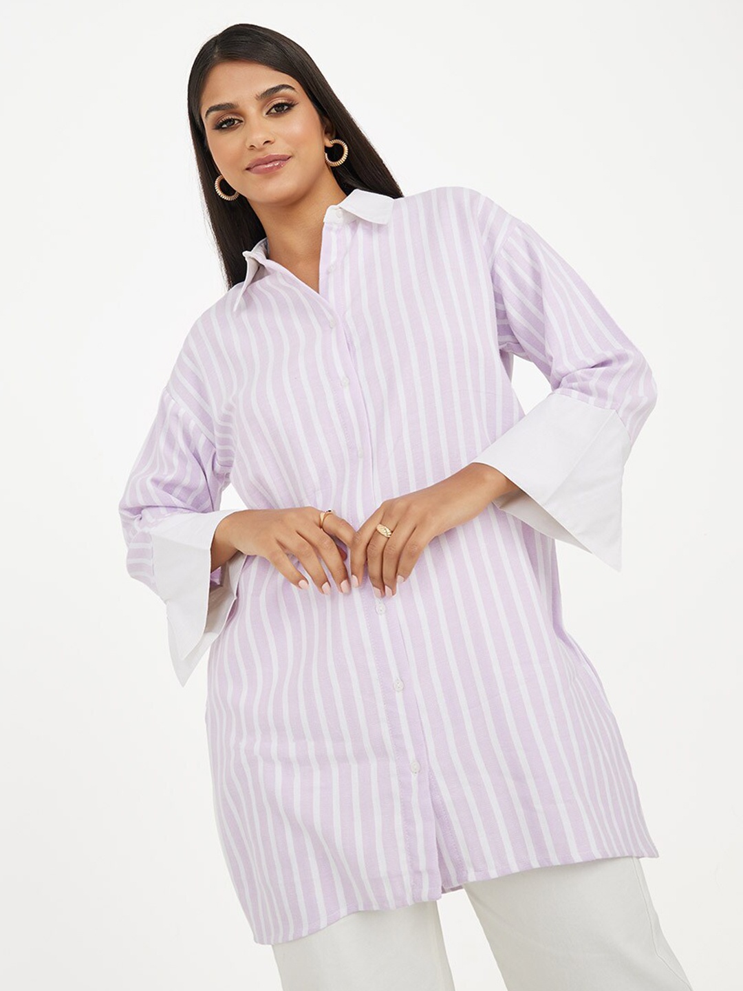 

Styli Striped Cuffed Sleeves Pure Cotton Longline Shirt, Purple