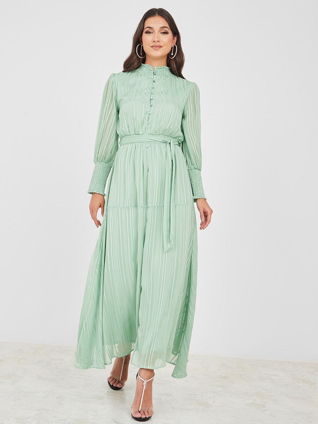 

Styli Striped High Neck Puff Sleeves Maxi Dress, Green