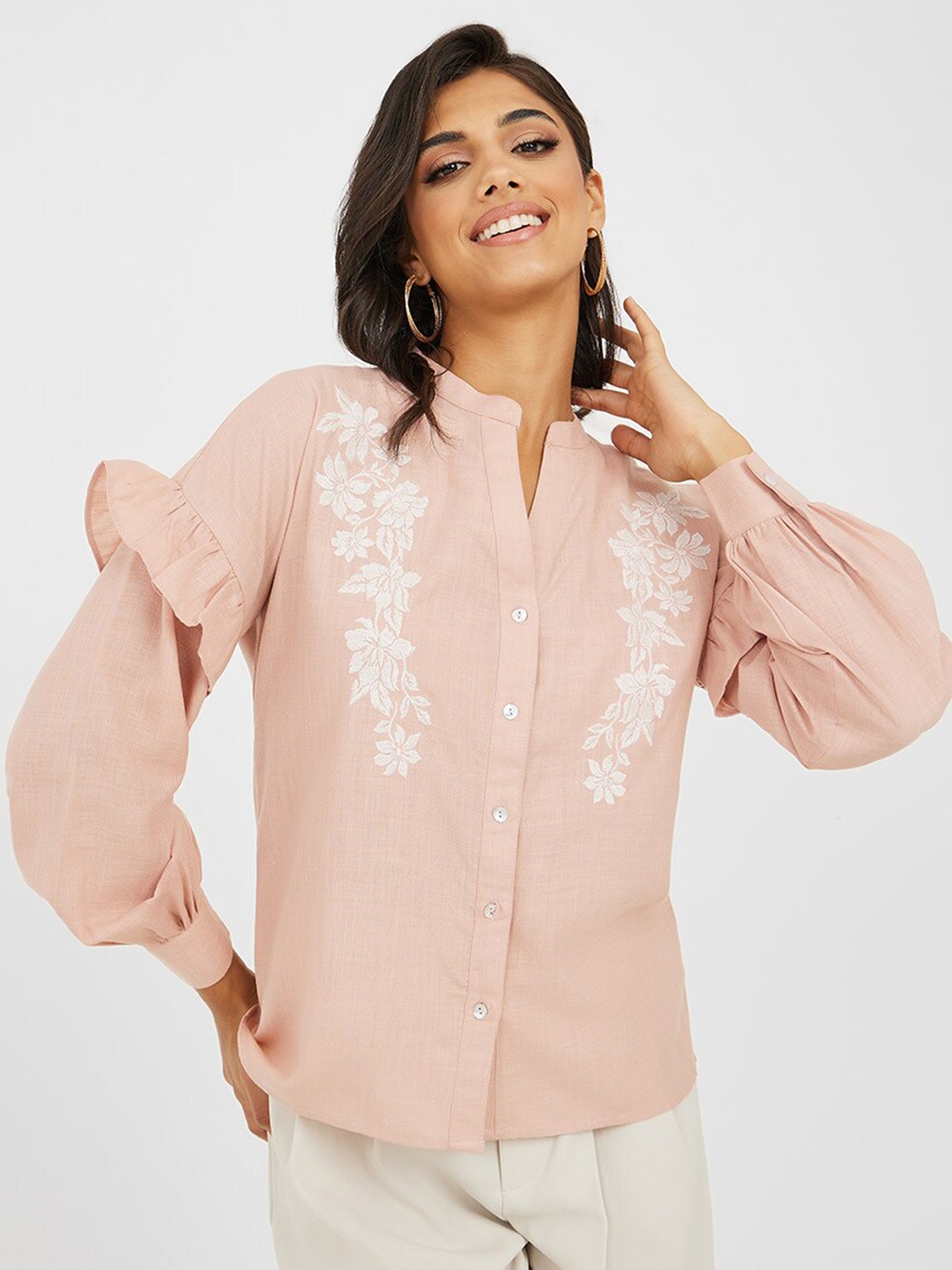 

Styli Floral Embroidered Mandarin Collar Shirt Style Top, Pink