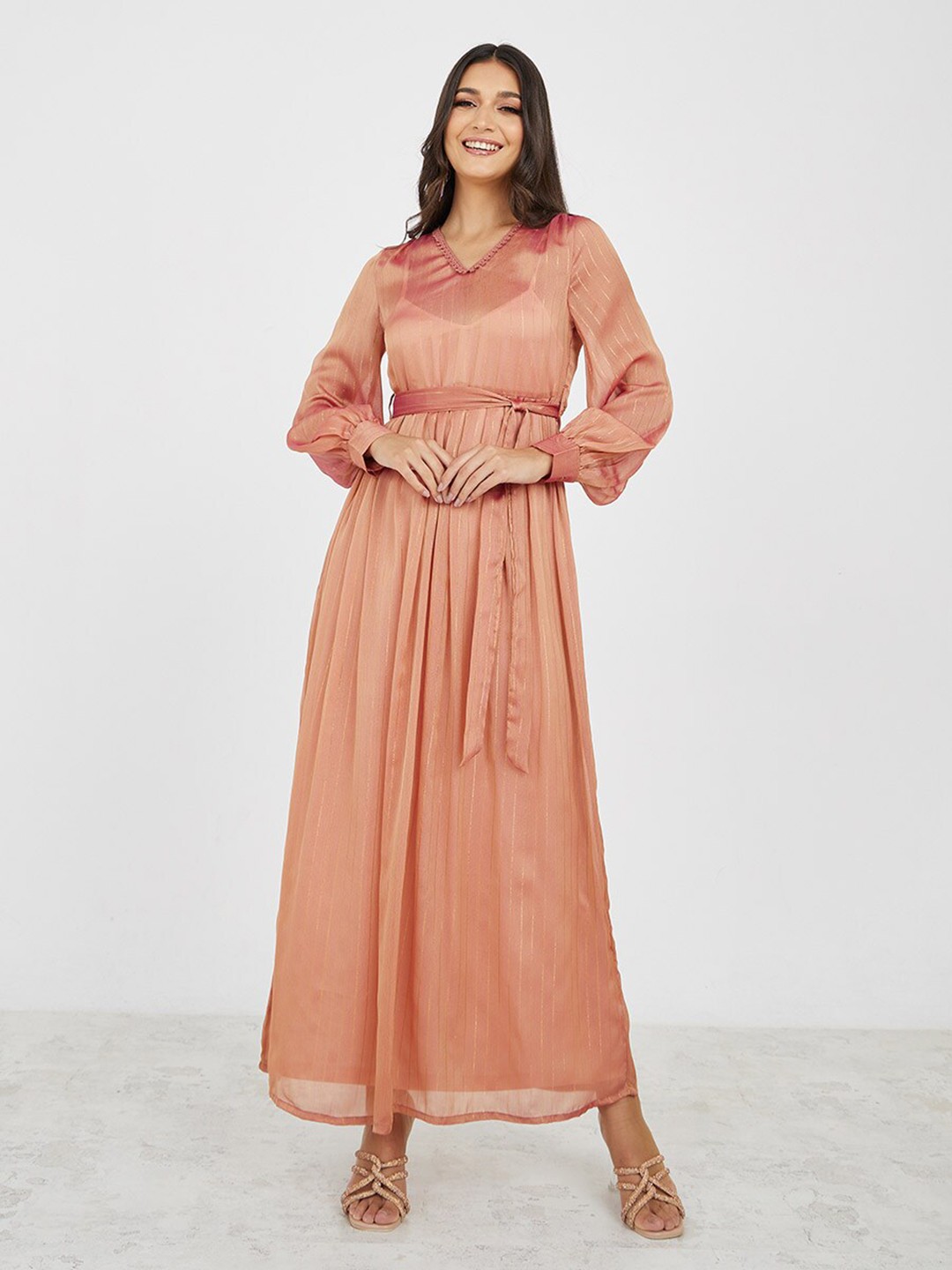 

Styli V-Neck Puff Sleeves Maxi Dress, Pink