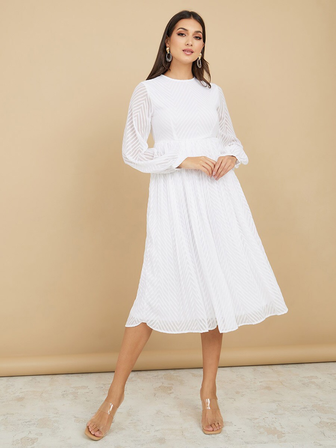 

Styli Self Design Puff Sleeves Midi A-Line Dress, White