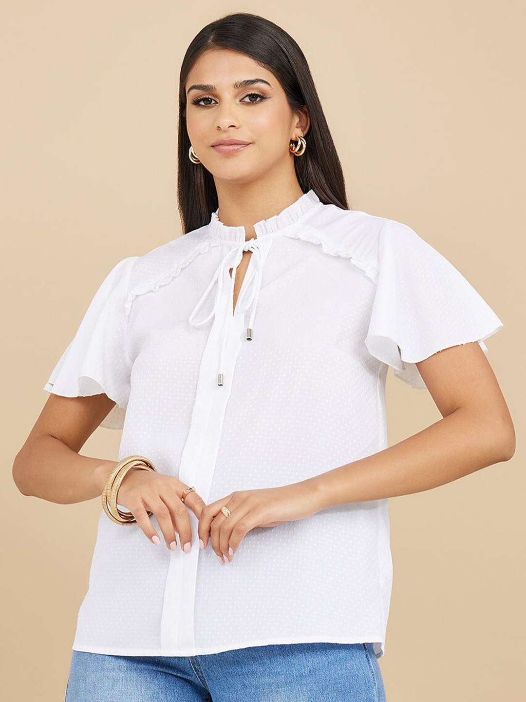 

Styli Tie-Up Neck Flared Sleeves Shirt Style Top, White