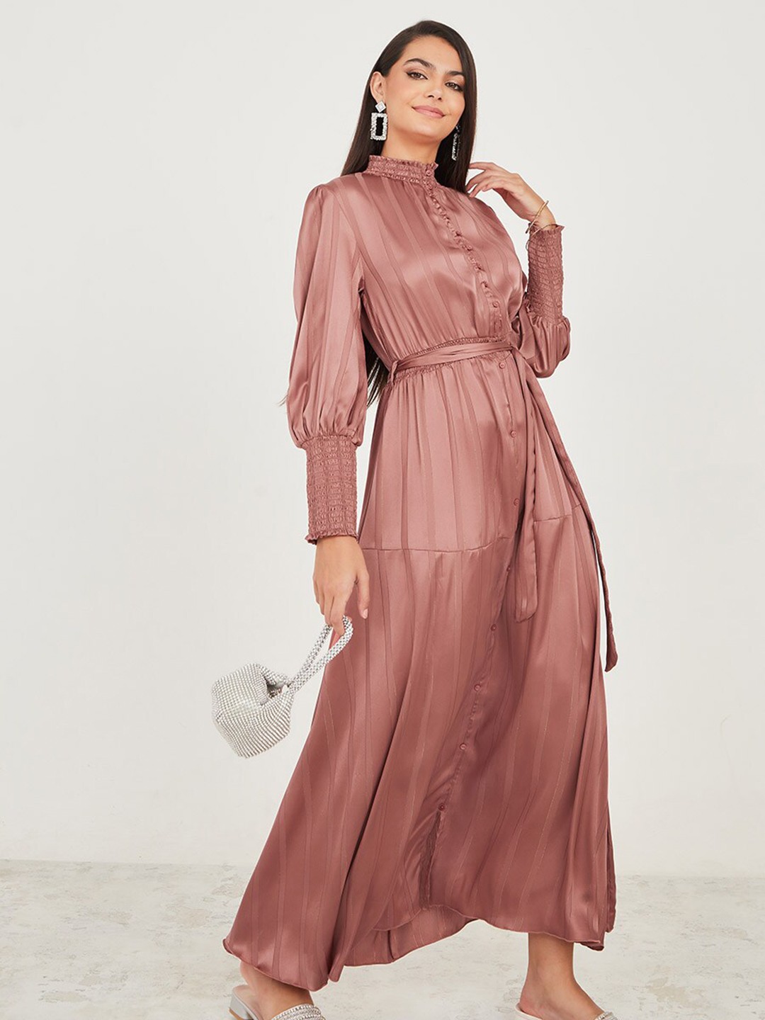 

Styli Mock Neck Puff Sleeves Maxi Shirt Dress, Pink