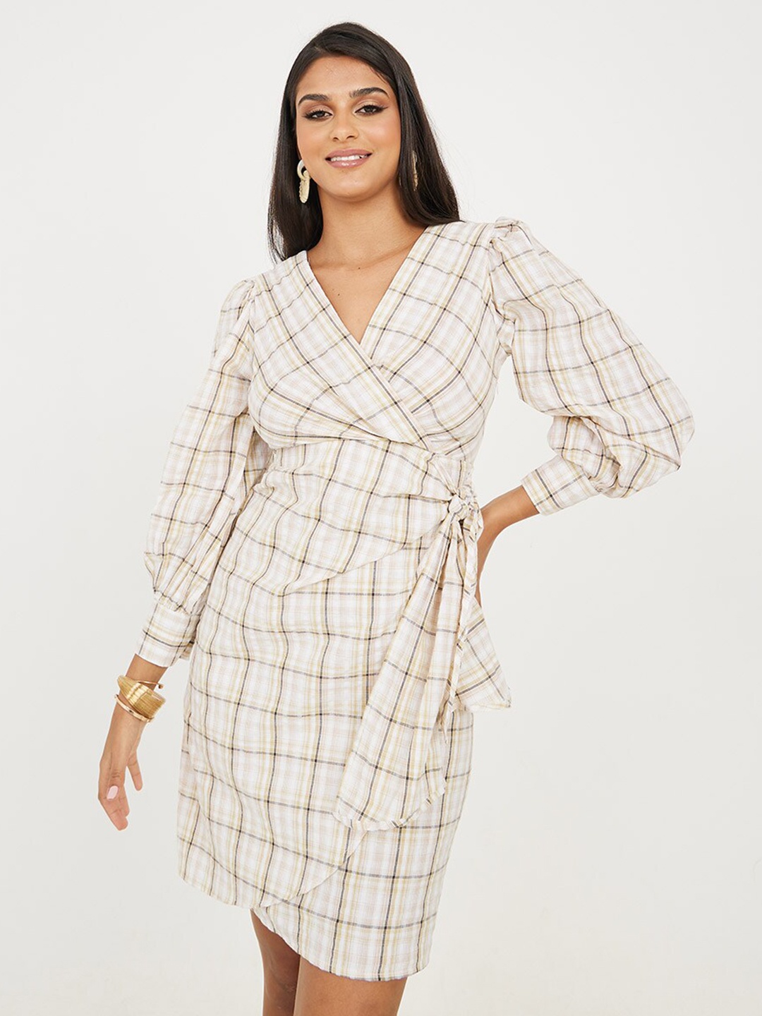 

Styli Checked V- Neck Puff Sleeve Cotton Wrap Dress, White