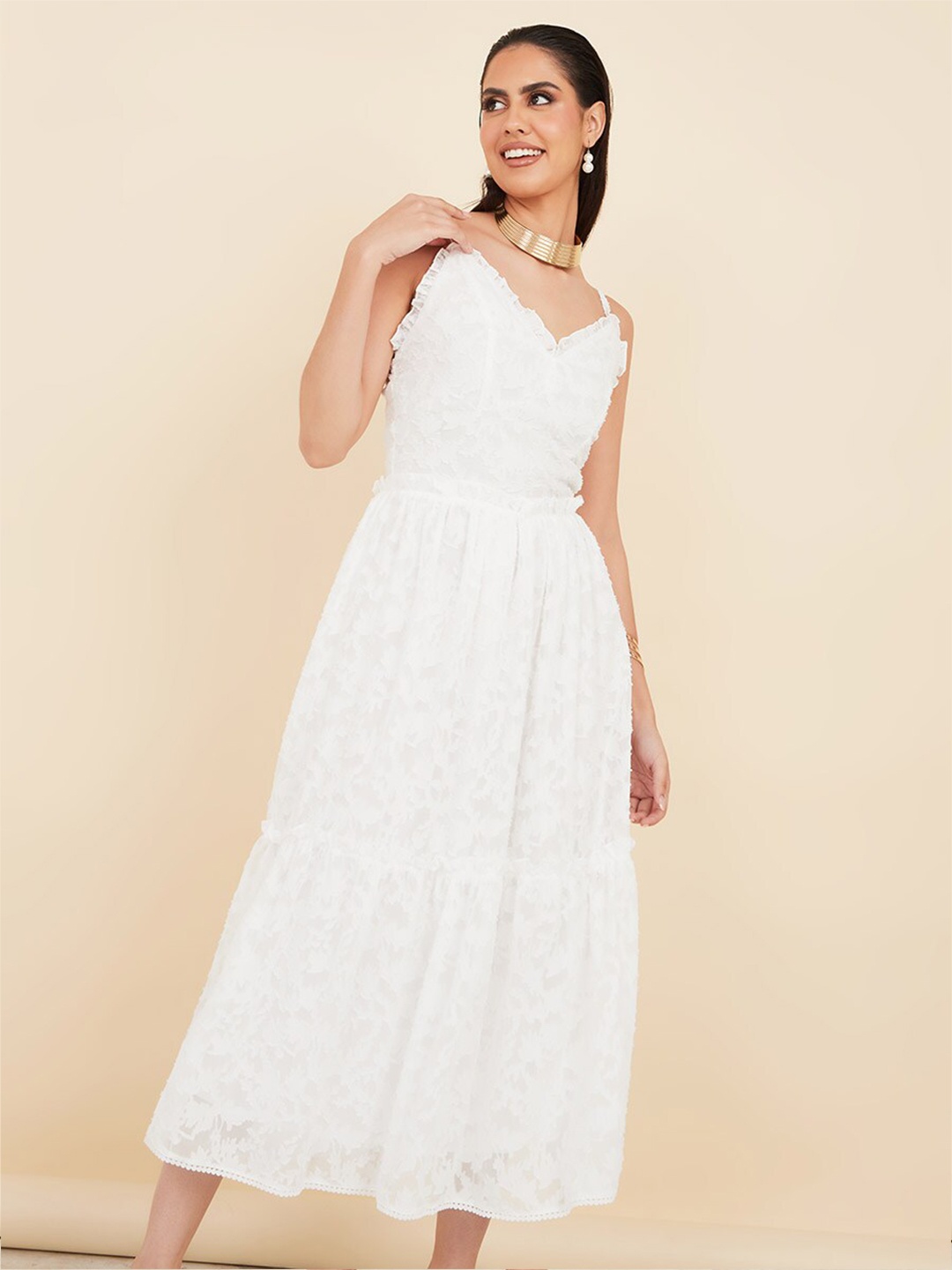 

Styli Self Design Shoulder Straps Maxi Midi Dress, White