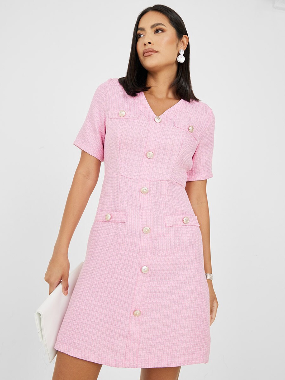 

Styli Self Design V- Neck Bodycon Dress, Pink