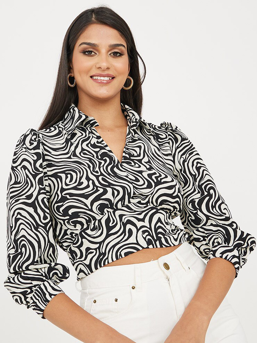 

Styli Printed Shirt Style Crop Top, Black