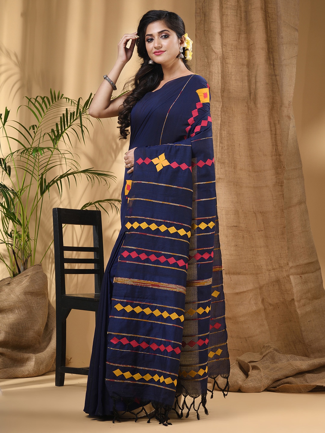 

DESH BIDESH Woven Design Pure Cotton Traditional Taant Saree, Blue