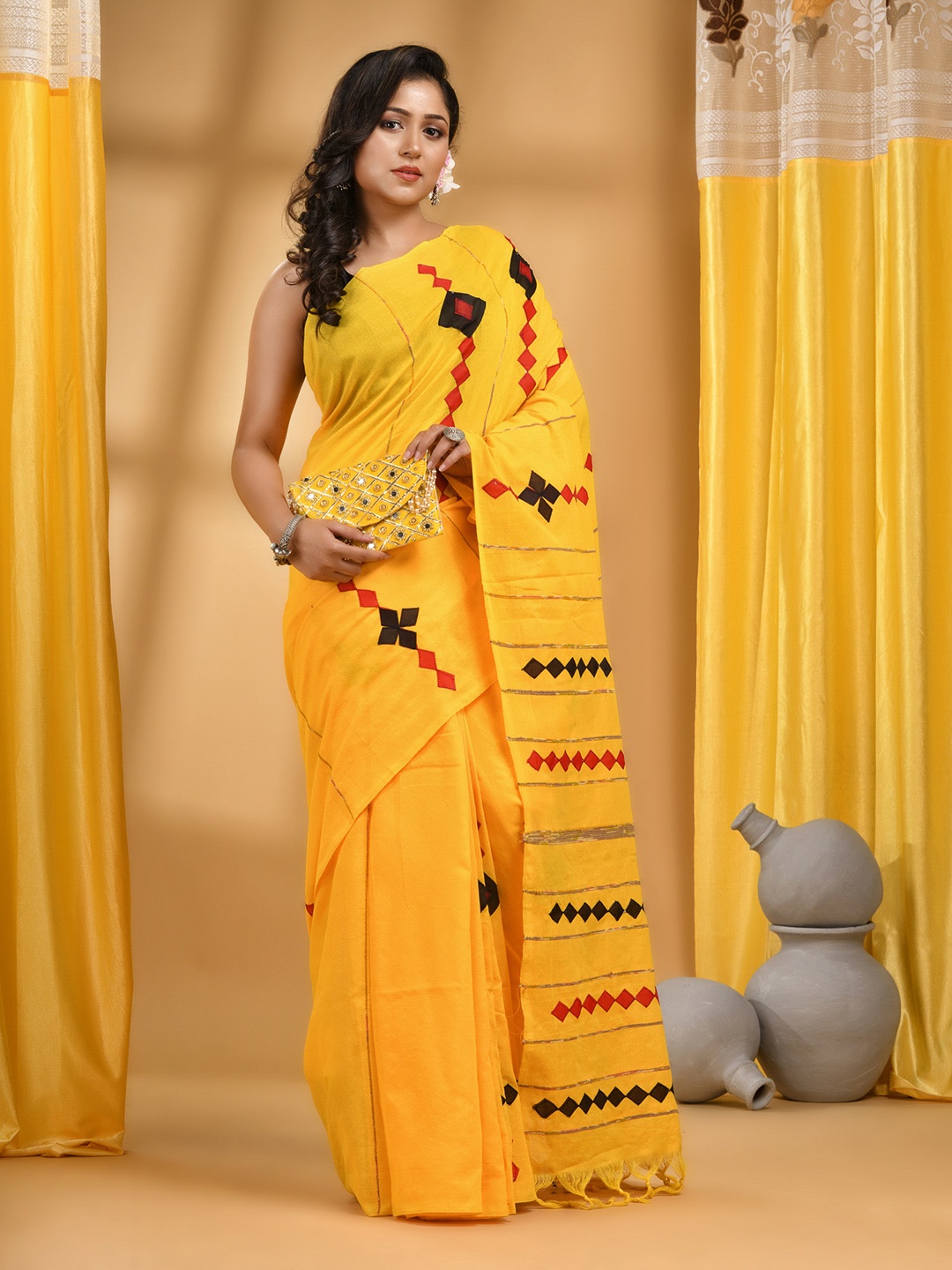 

DESH BIDESH Woven Design Pure Cotton Traditional Taant Saree, Yellow