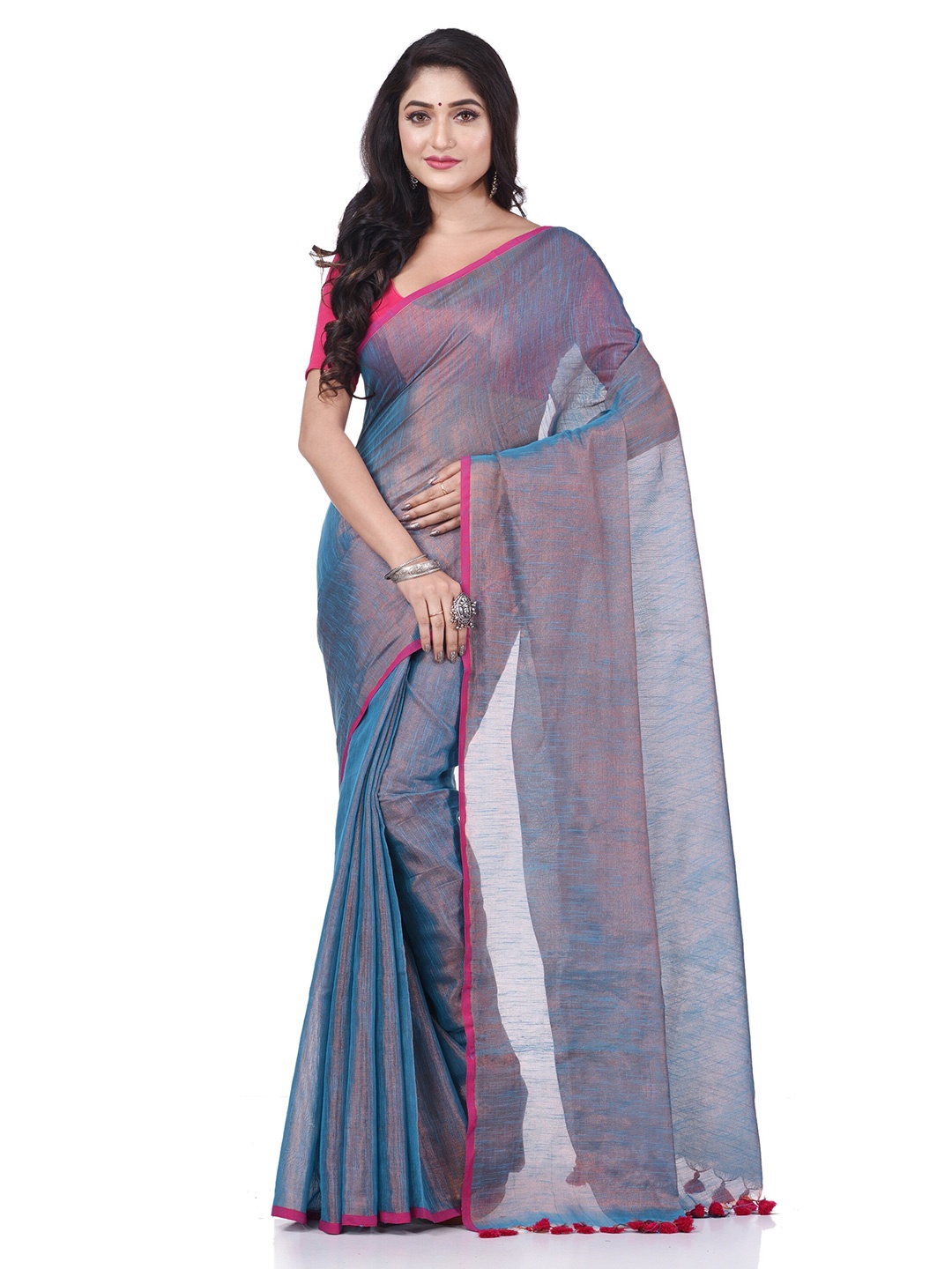 

DESH BIDESH Solid Handloom Taant Saree, Blue