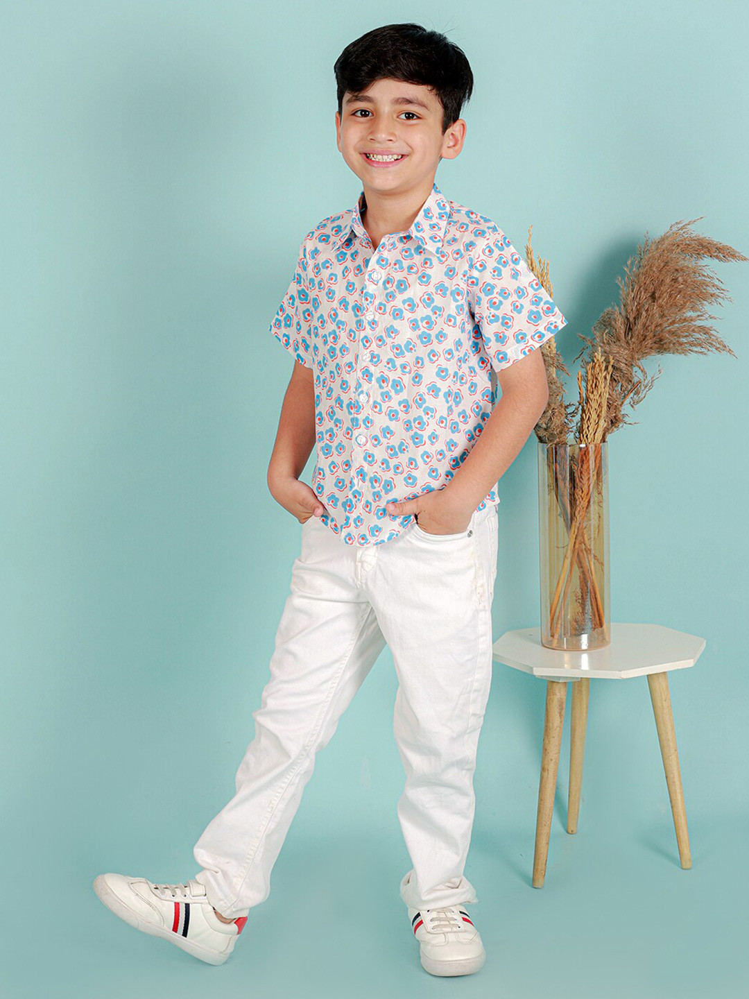 

Ka-mee Boys Comfort Floral Printed Pure Cotton Casual Shirt, White