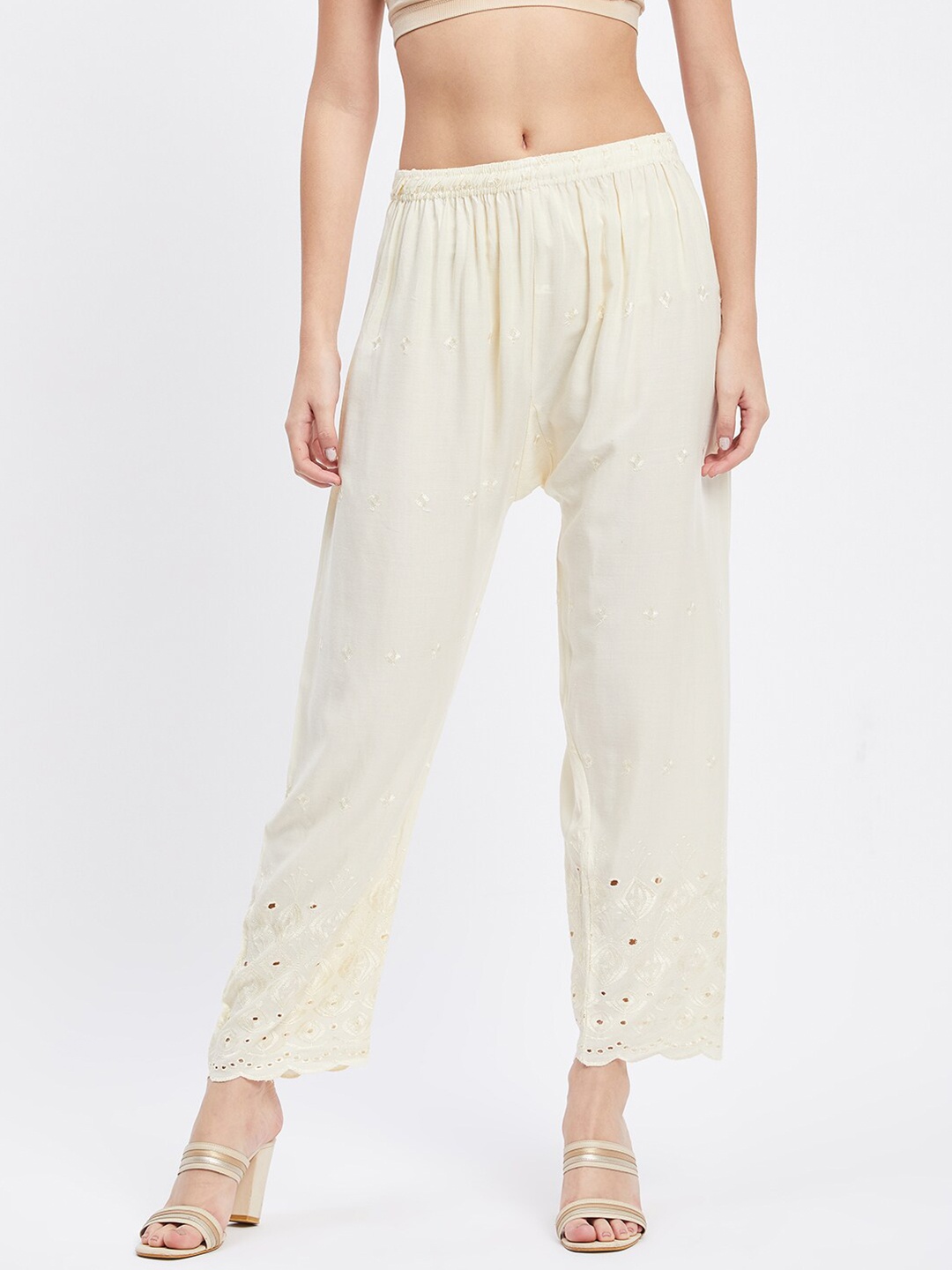 

Clora Creation Women Floral Embroidered Straight Palazzos, Cream