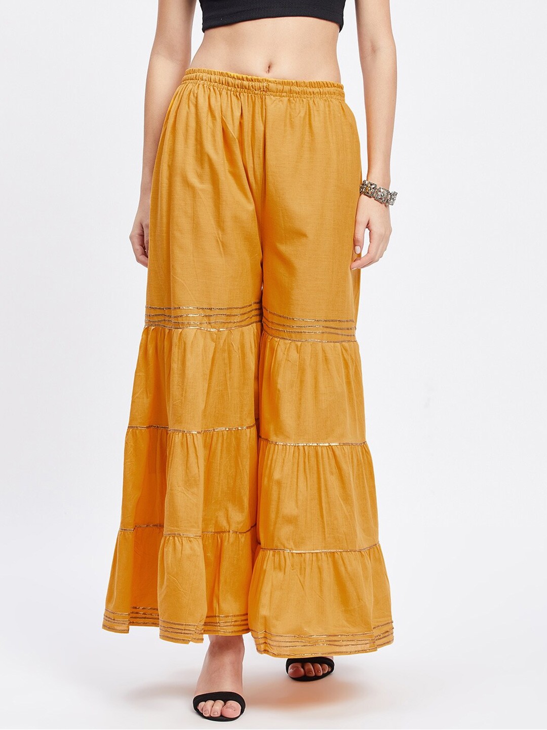 

Clora Creation Women Gotta Patti Embellished Flared Palazzos, Mustard