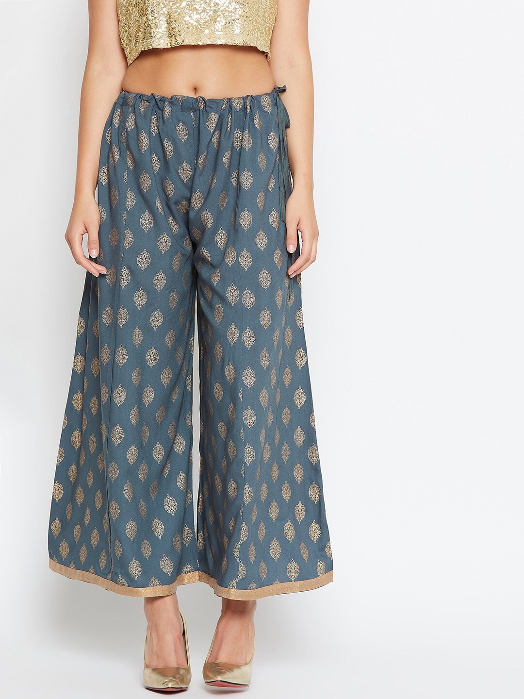 

Castle Lifestyle Ethnic Motifs Printed Flared Palazzos, Grey
