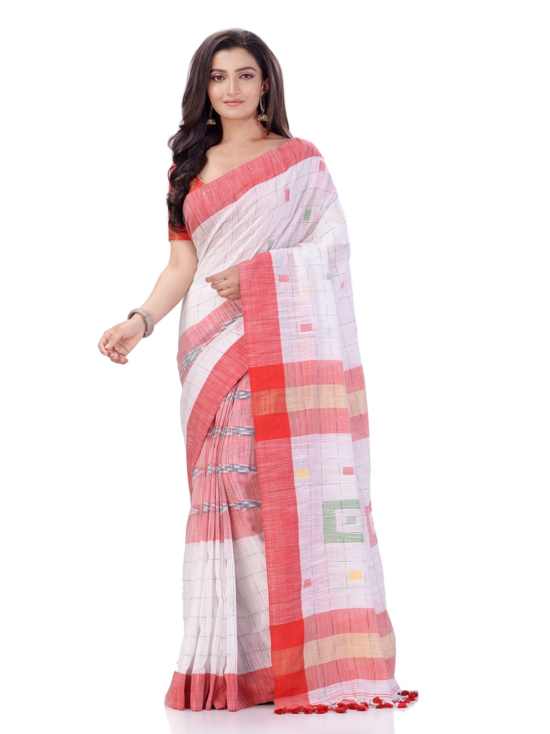 

DESH BIDESH Woven Design Pure Cotton Traditional Taant Saree, White