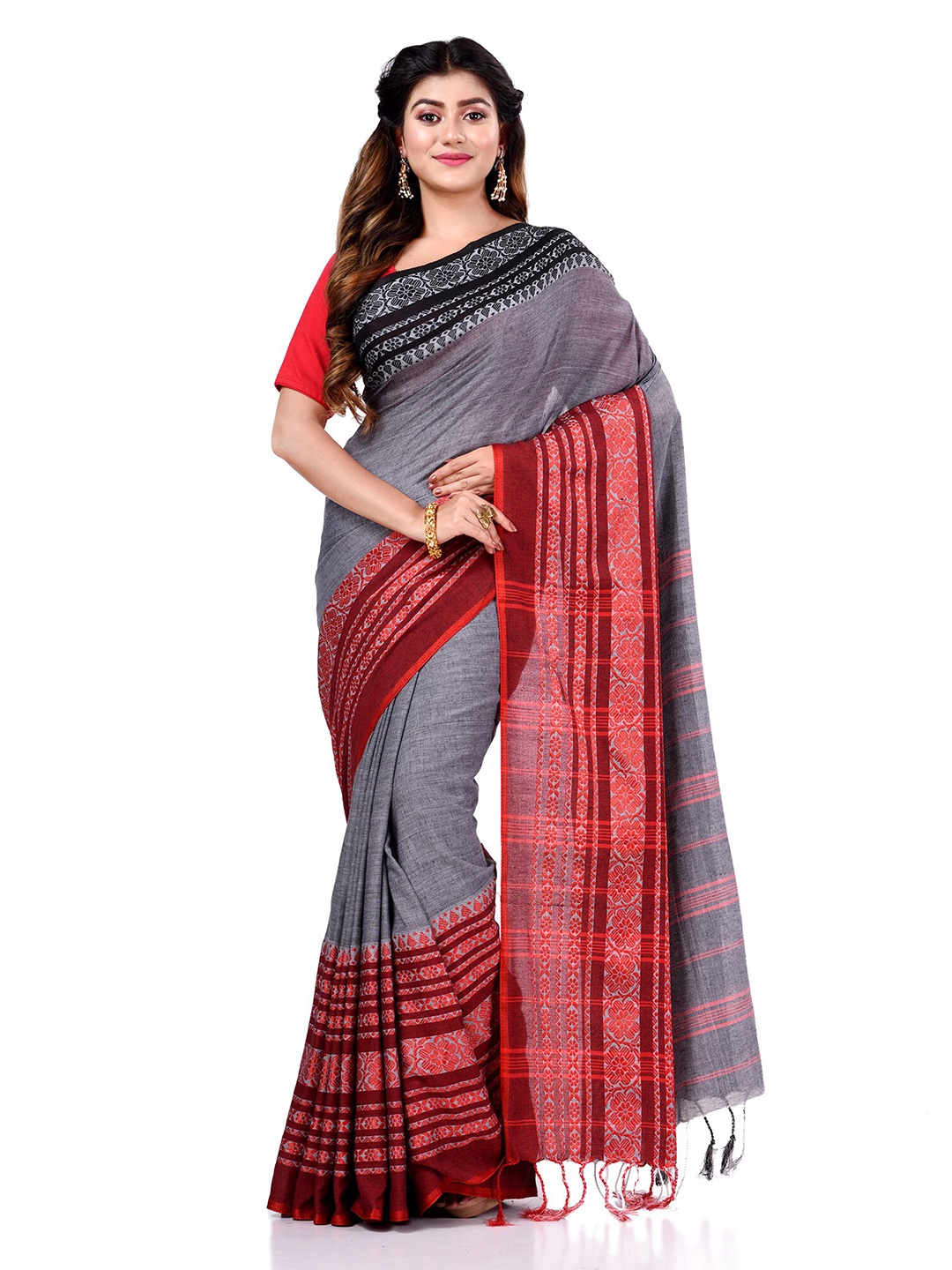 

DESH BIDESH Woven Design Pure Cotton Traditional Taant Saree, Grey