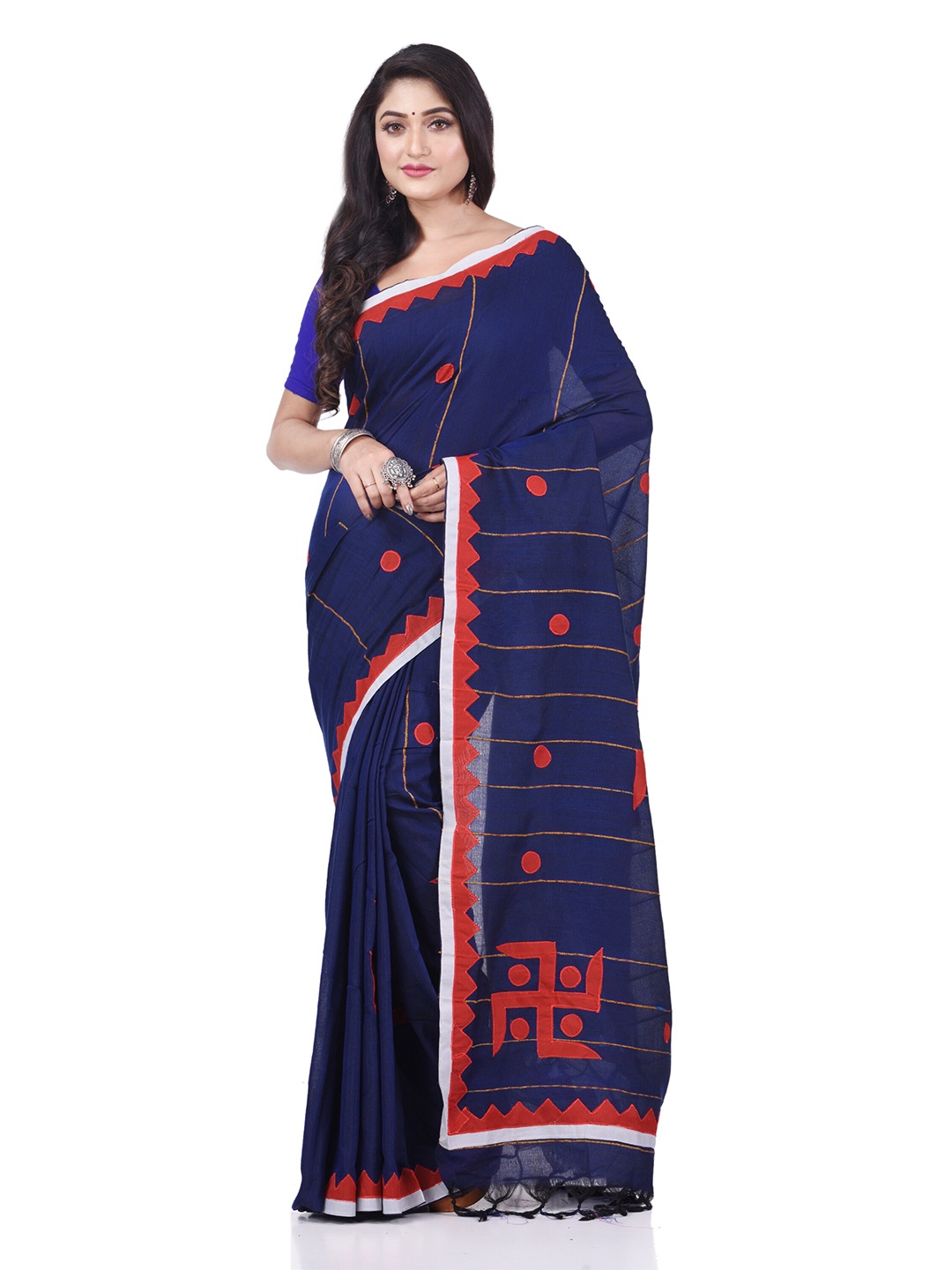 

DESH BIDESH Striped Swastik Designed Pure Cotton Traditional Taant Saree, Blue