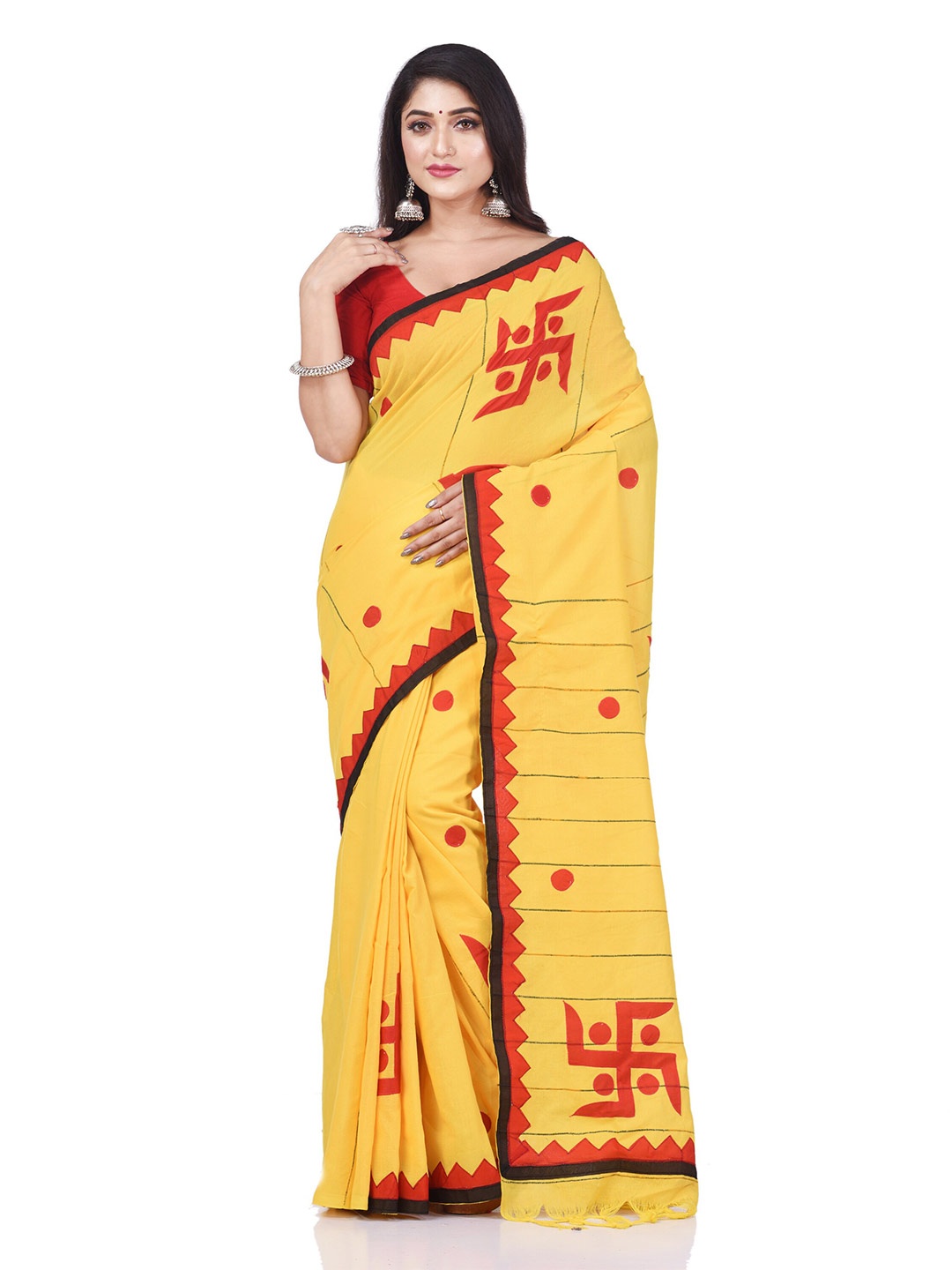 

DESH BIDESH Striped Swastik Designed Pure Cotton Traditional Taant Saree, Yellow