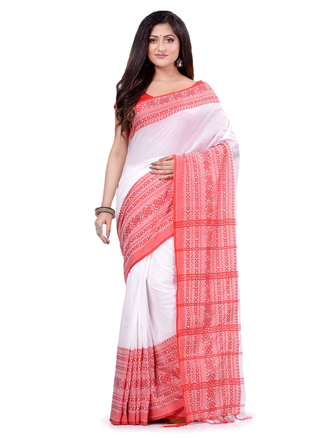 

DESH BIDESH Woven Design Pure Cotton Traditional Taant Saree, White