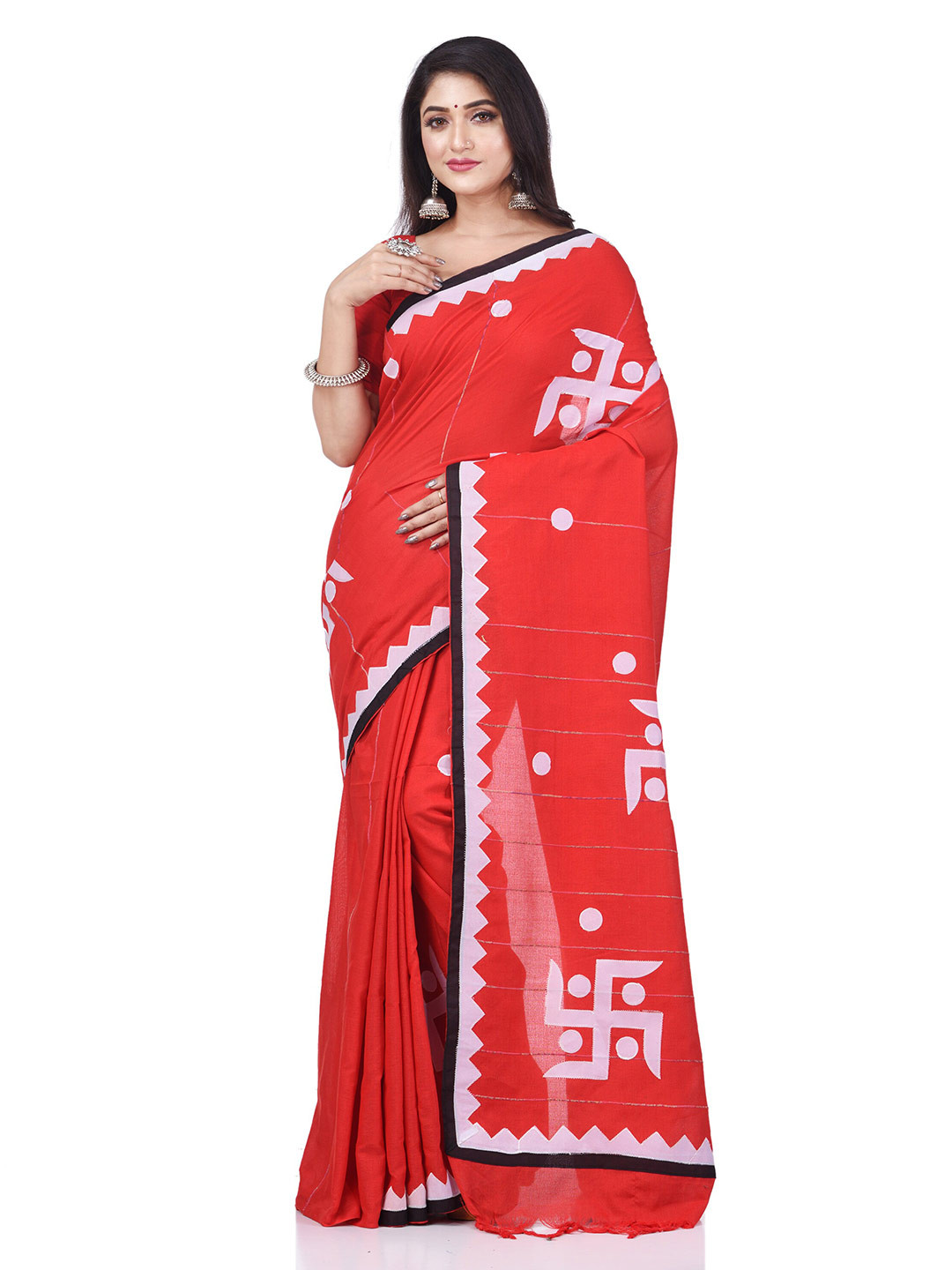 

DESH BIDESH Striped Swastik Designed Pure Cotton Traditional Taant Saree, Red