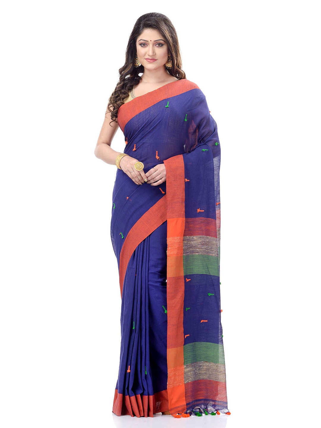

DESH BIDESH Striped Pure Cotton Handloom Taant Saree, Blue