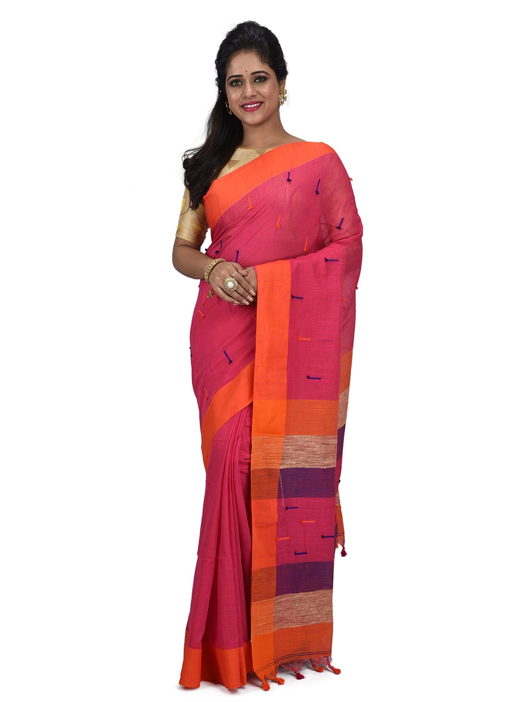 

DESH BIDESH Woven Design Pure Cotton Traditional Taant Saree, Pink