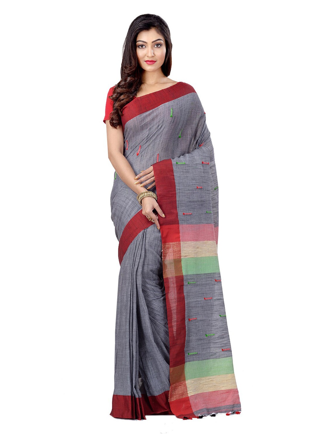 

DESH BIDESH Striped Pure Cotton Handloom Taant Saree, Grey