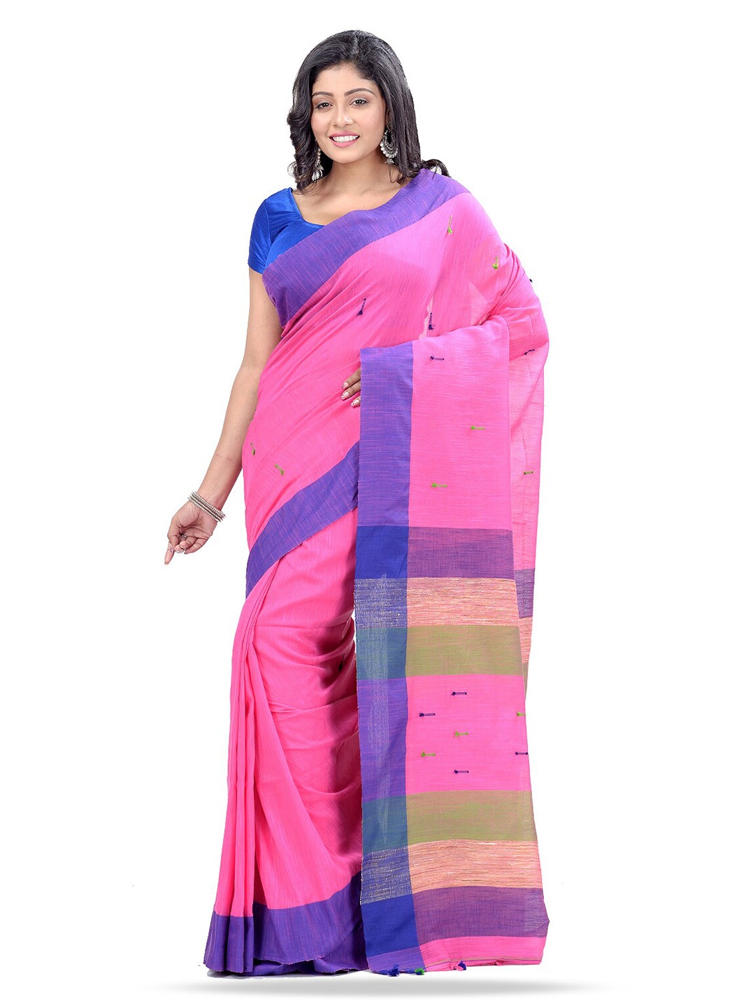 

DESH BIDESH Striped Pure Cotton Handloom Taant Saree, Pink