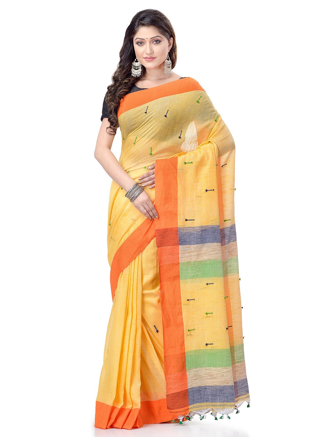 

DESH BIDESH Woven Design Pure Cotton Traditional Taant Saree, Yellow