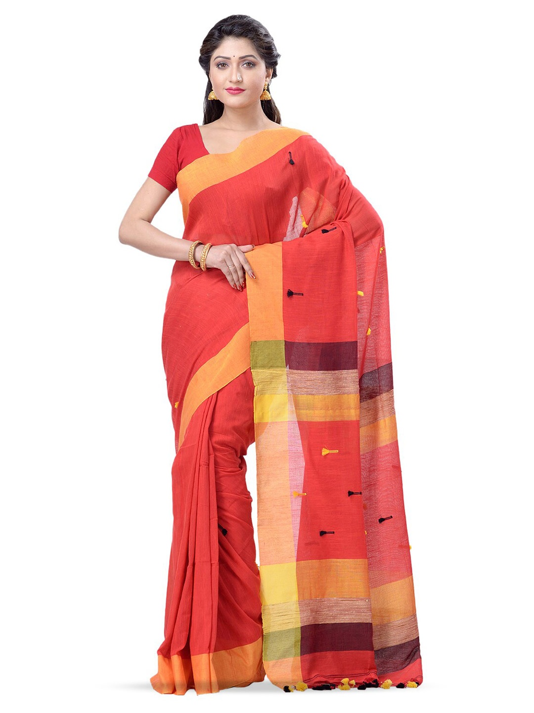 

DESH BIDESH Striped Pure Cotton Handloom Taant Saree, Red