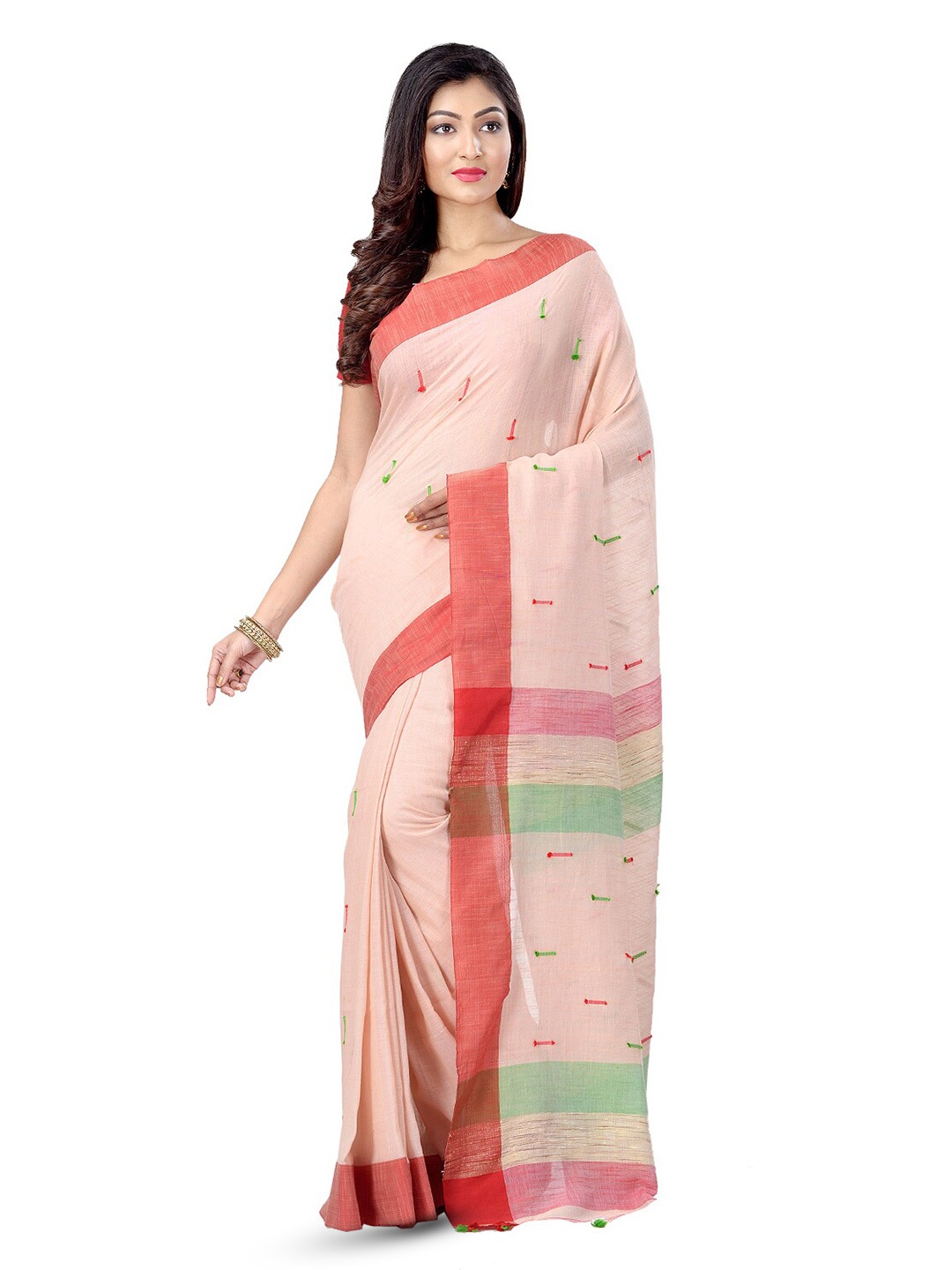 

DESH BIDESH Striped Pure Cotton Handloom Taant Saree, Cream