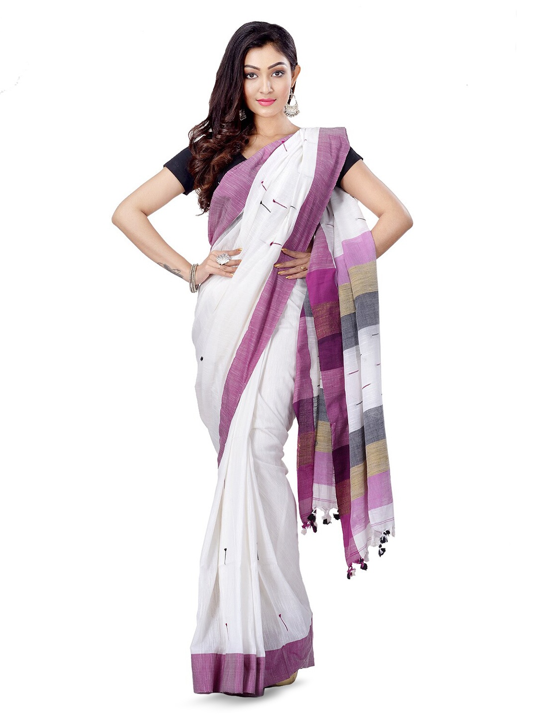 

DESH BIDESH Striped Pure Cotton Handloom Taant Saree, White