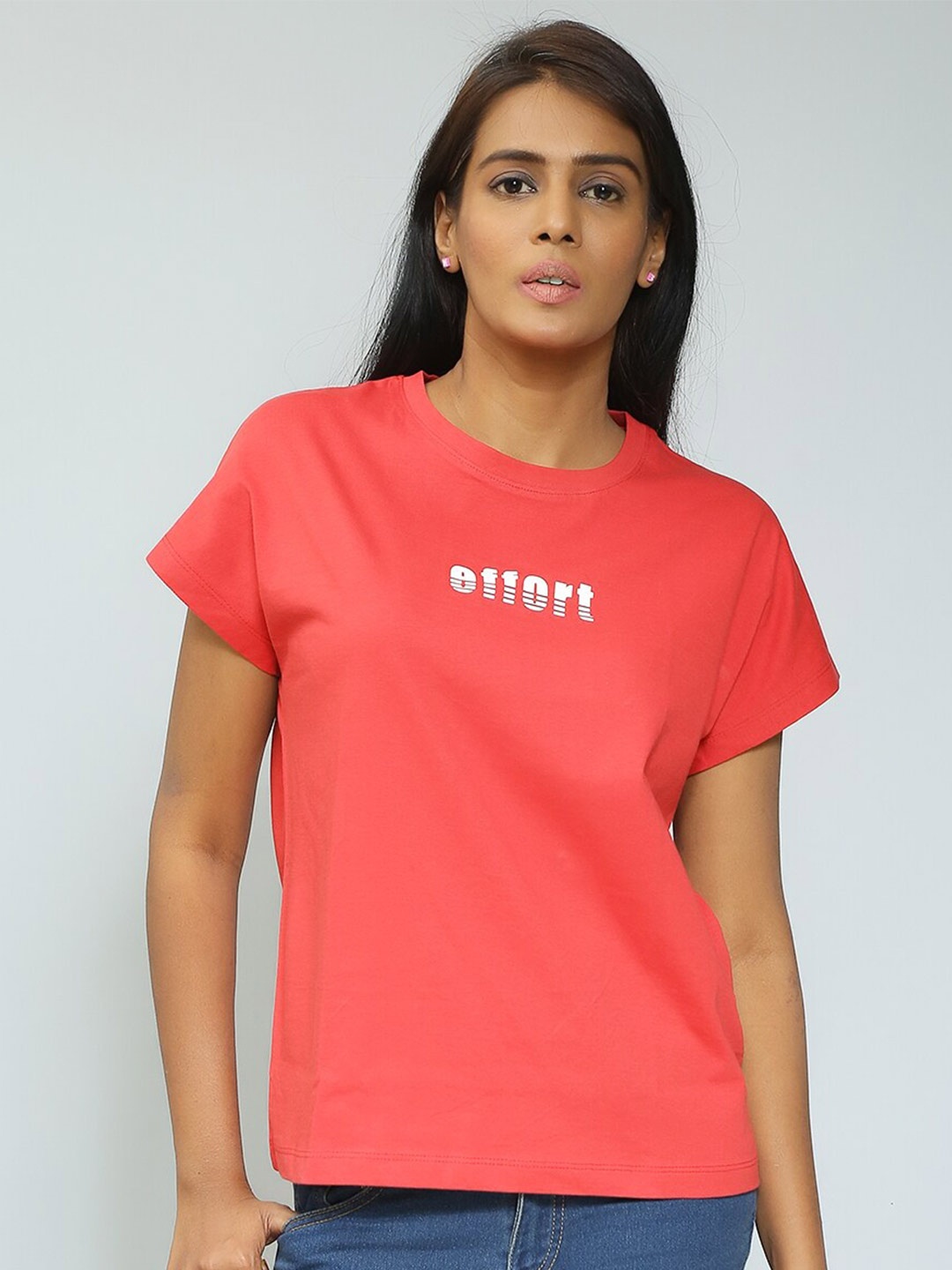 

Mast & Harbour Red Relaxed Fit Typography Printed Casual Pure Cotton T-shirt