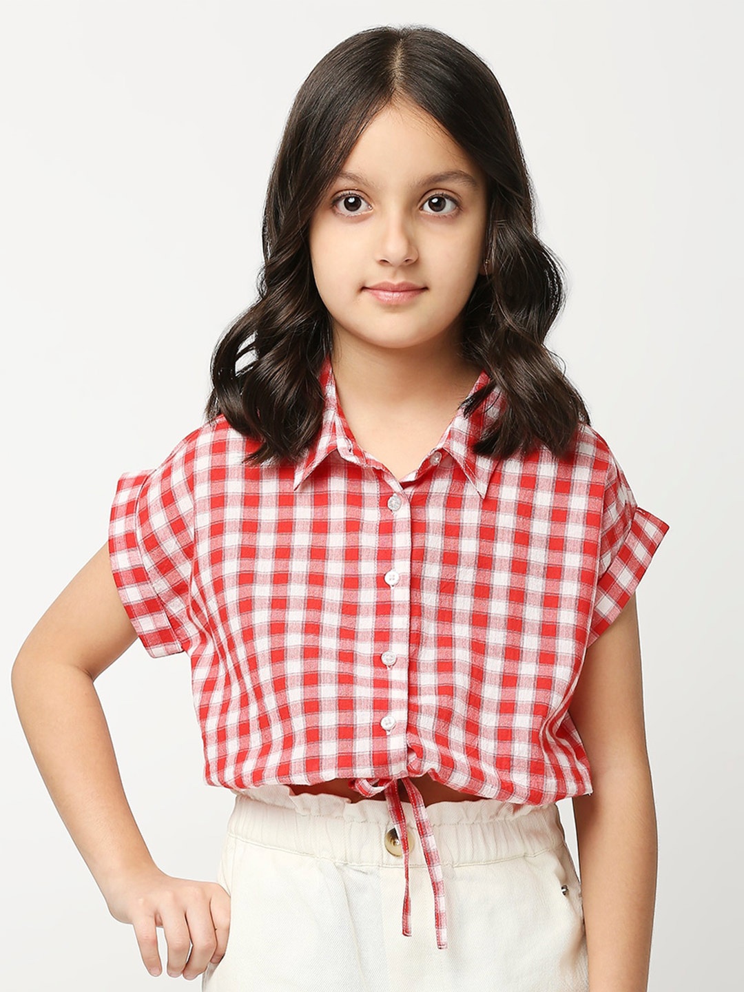 

Pepe Jeans Girls Gingham Checked Extended Sleeves Pure Cotton Casual Shirt, Red