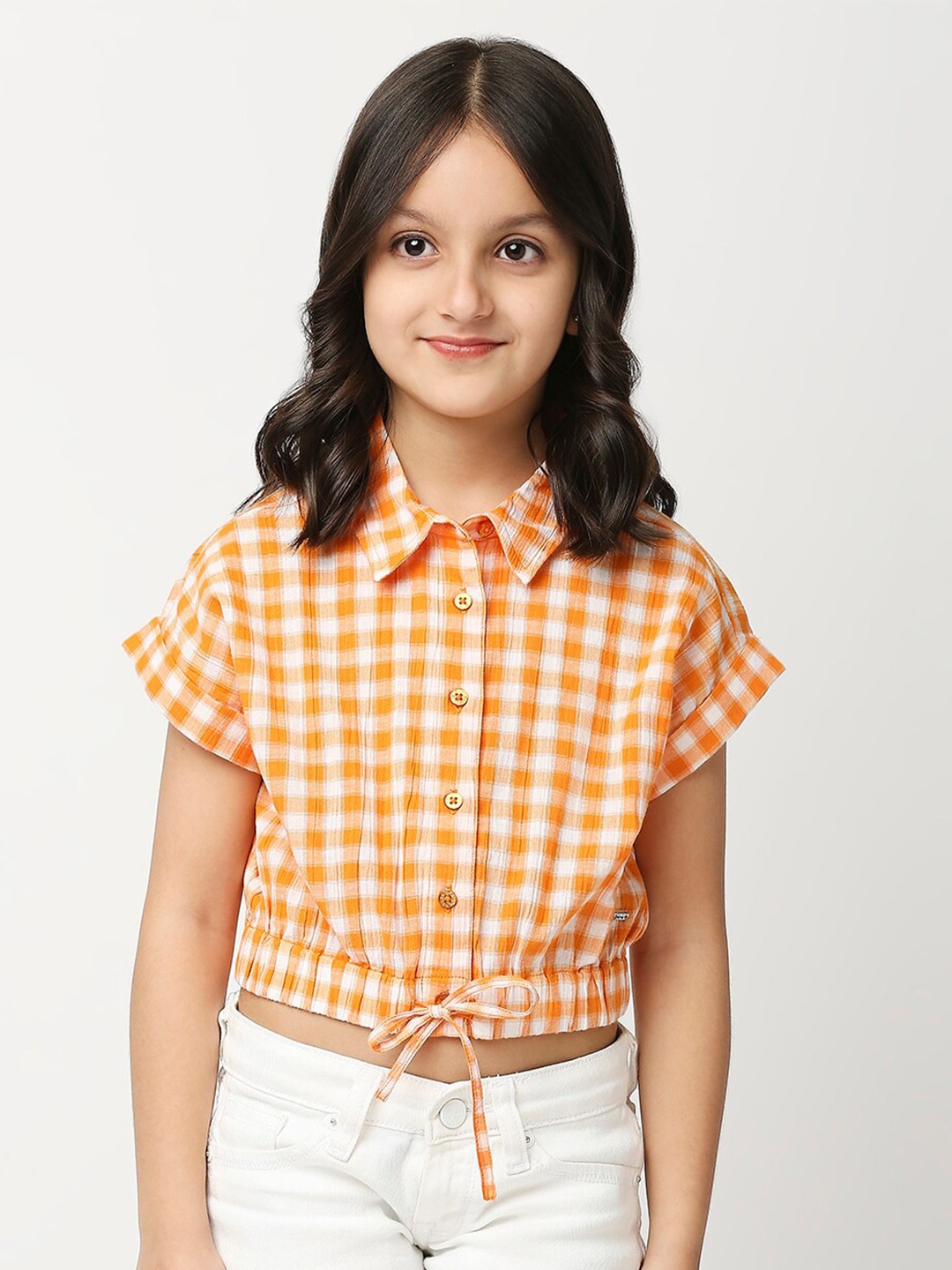 

Pepe Jeans Girls Gingham Checked Extended Sleeves Pure Cotton Casual Shirt, Orange