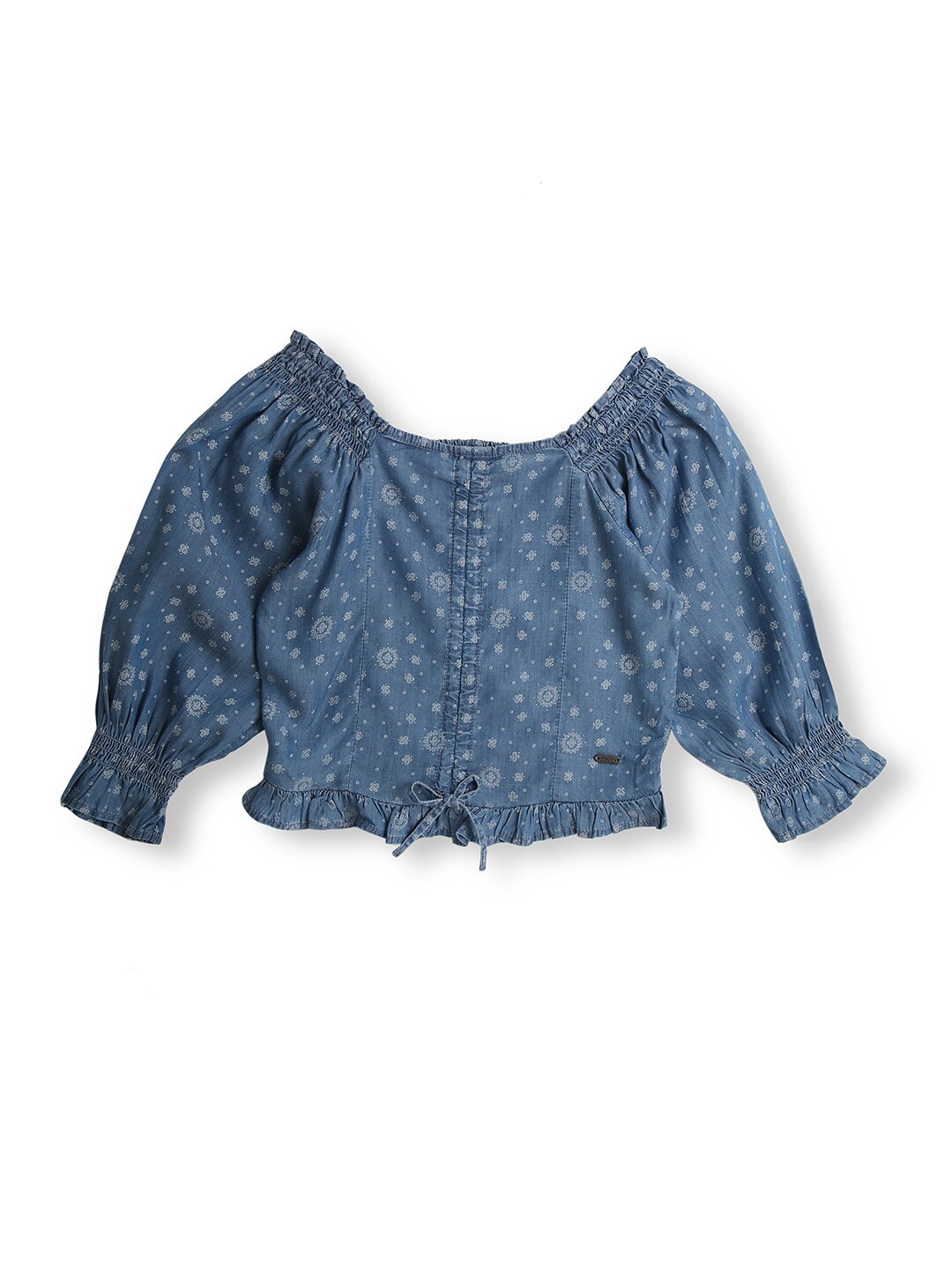 

Pepe Jeans Girls Ethnic Motifs Printed Off-Shoulder Bardot Top, Blue