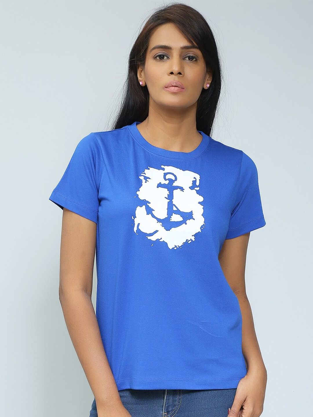 

Mast & Harbour Blue Relaxed Fit Nautical Printed Casual Pure Cotton T-shirt, Navy blue